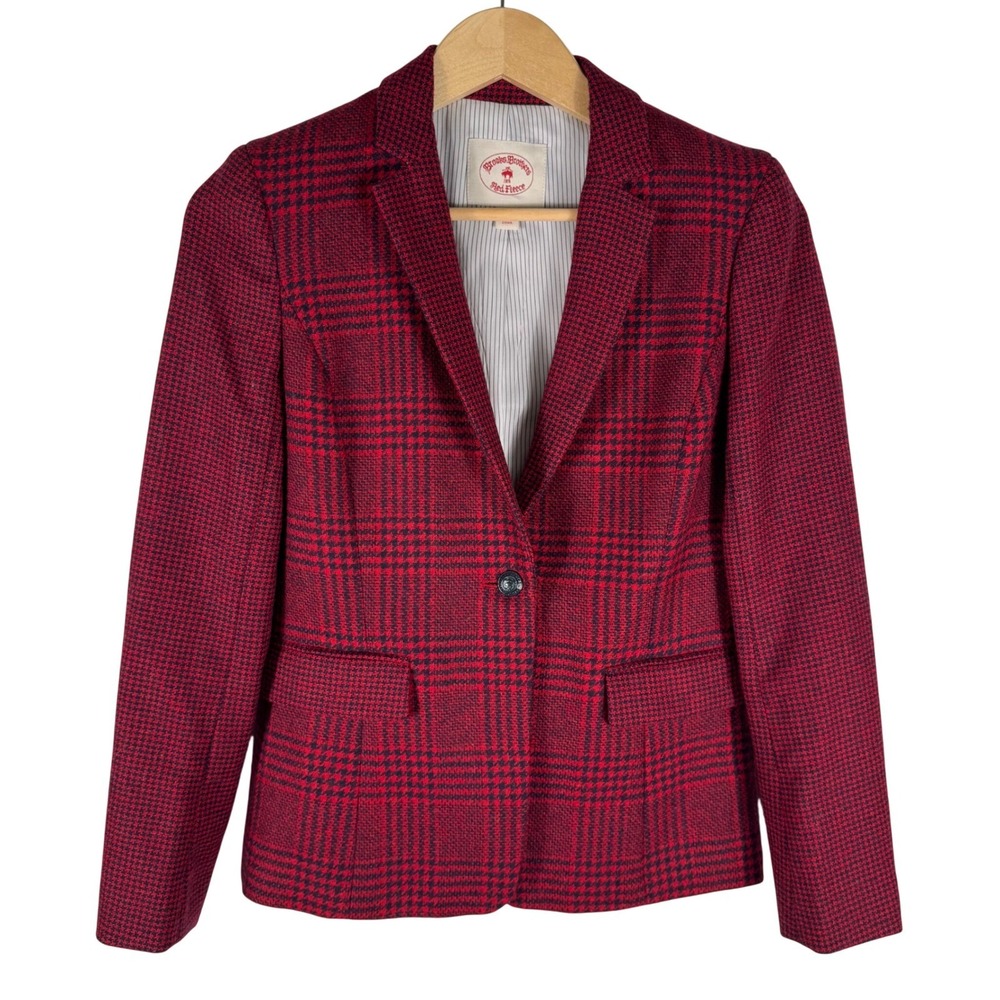 Brooks Brothers Red Fleece Plaid Wool Blazer Womens 2 Moon England Luxury Fabric